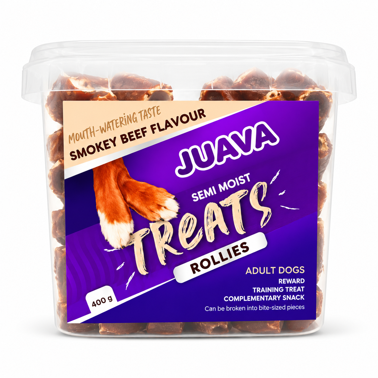 516bfc12-ff5f-4f76-a10f-afd5749172e9.png JUAVA TREATS SMOKEY BEEF ROLLIES 400G - Image 1