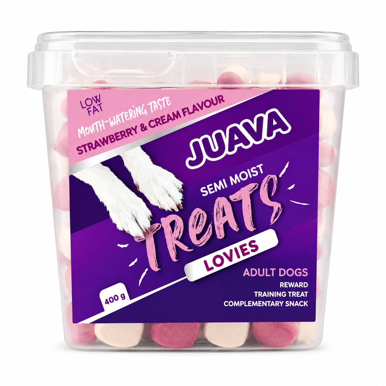b55c1a74-326c-406f-8b1d-c09abebf0b0c.png JUAVA TREATS STRAWBERRY LOVIES 400G - Image 1