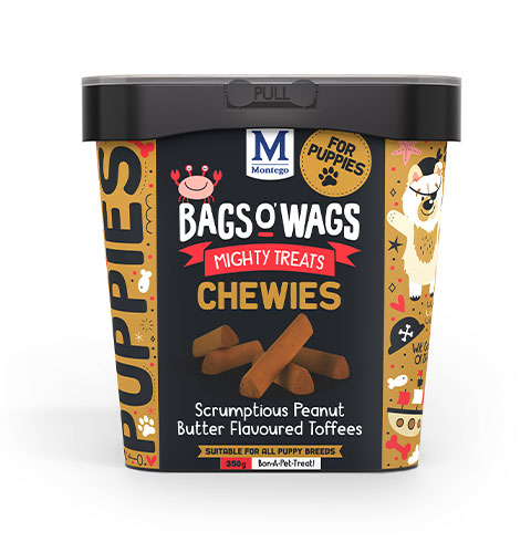 bow-puppy-chewies-pb-no-treat.jpg BAGS O` WAGS CHEWIES P/BUTTER PAWS 500G - Image 1